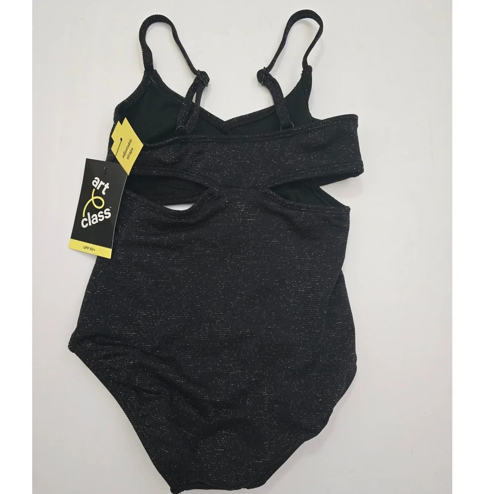 Art Class Girls Black Metallic Shimmer One Piece Swimsuit UPF 50+ XS 4/5 NWT